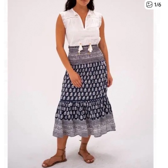Bell By Alicia Bell Dresses & Skirts - Alicia Bell NWT Mandy Ruffle Midi Skirt Silk Blend Blue White Size L